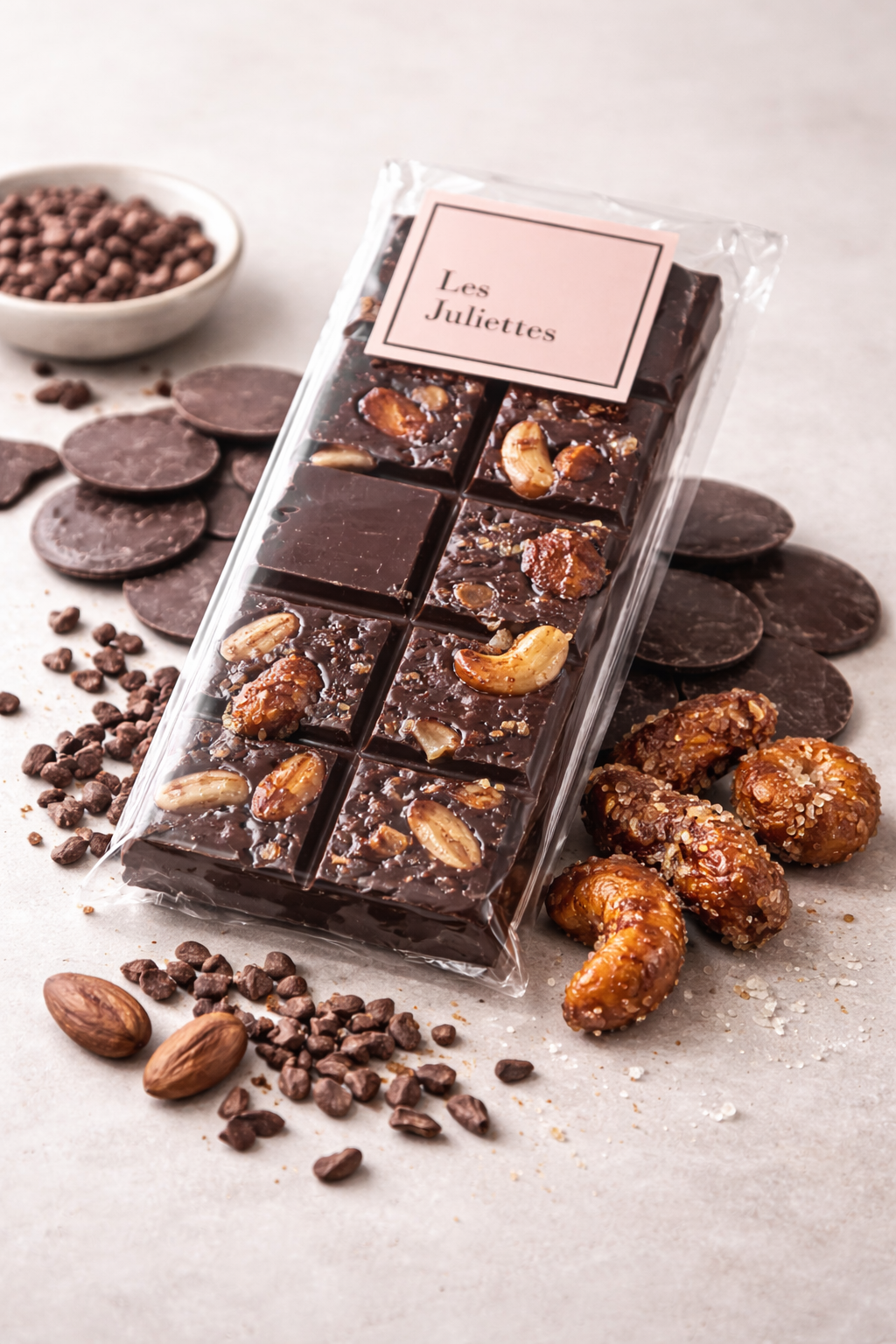 TABLETTE DE CHOCOLAT NOIR aux Juliettes et fleur de sel